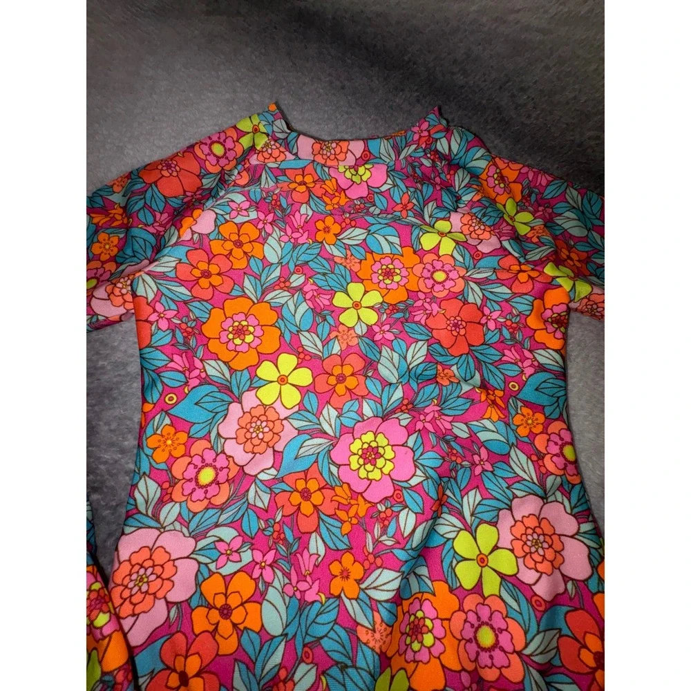 Cat & Jack Girls XS 4-5 Long Sleeve Rash Guard One Piece Swimsuit Retro Floral